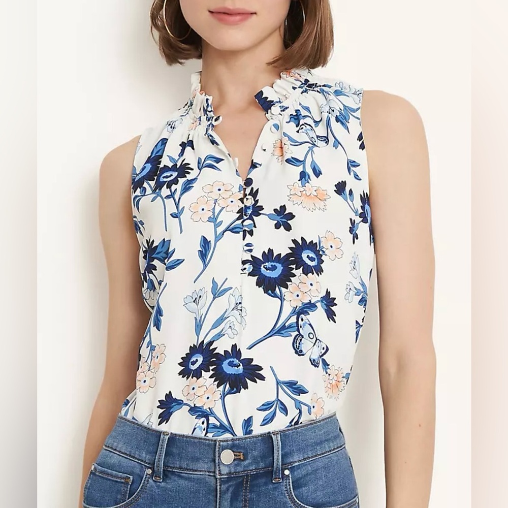 Ann Taylor Floral Smocked Ruffle Neck Shell